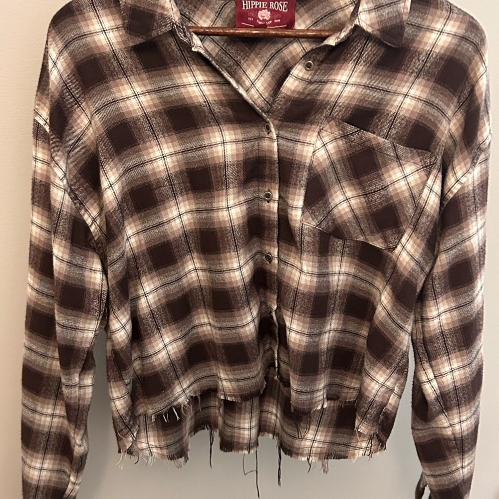 Hippie Rose Brown and Cream Plaid Cropped Shirt